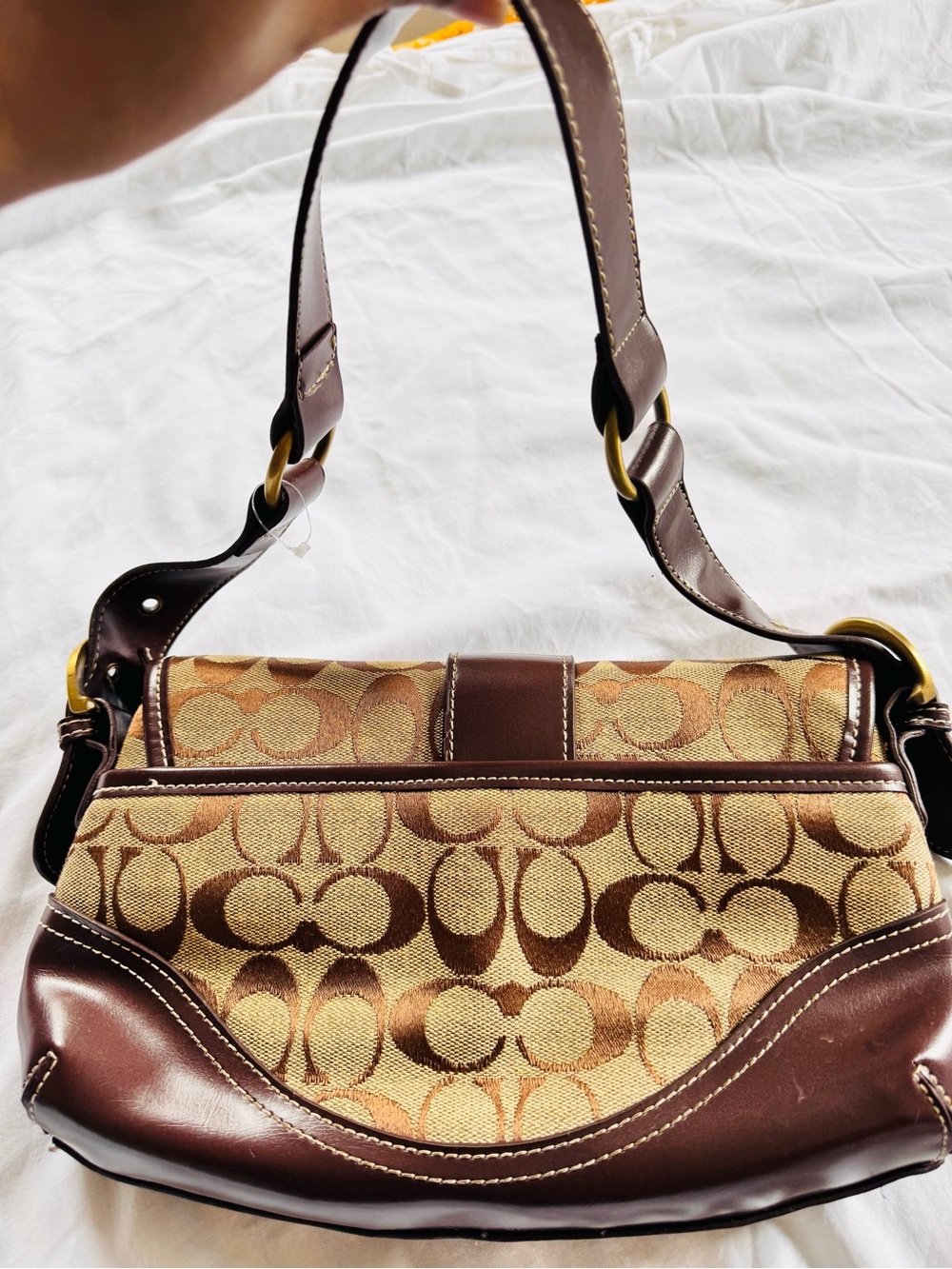 Vintage Coach Brown Signature Jacquard Shoulder Bag with Gold Buckle - Picture 3 of 8